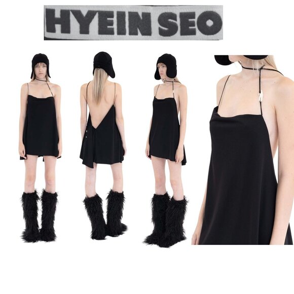 Hyein Seo Black Hiero Slip Dress Size 1 NWT Asymmetric Draped Neck Silver Detail - Picture 1 of 10